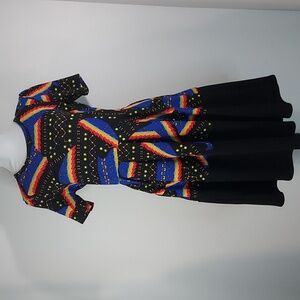 LulaRoe Amelia Red Blue Yellow Abstract Short Sleeve Stretch Midi Dress Size L